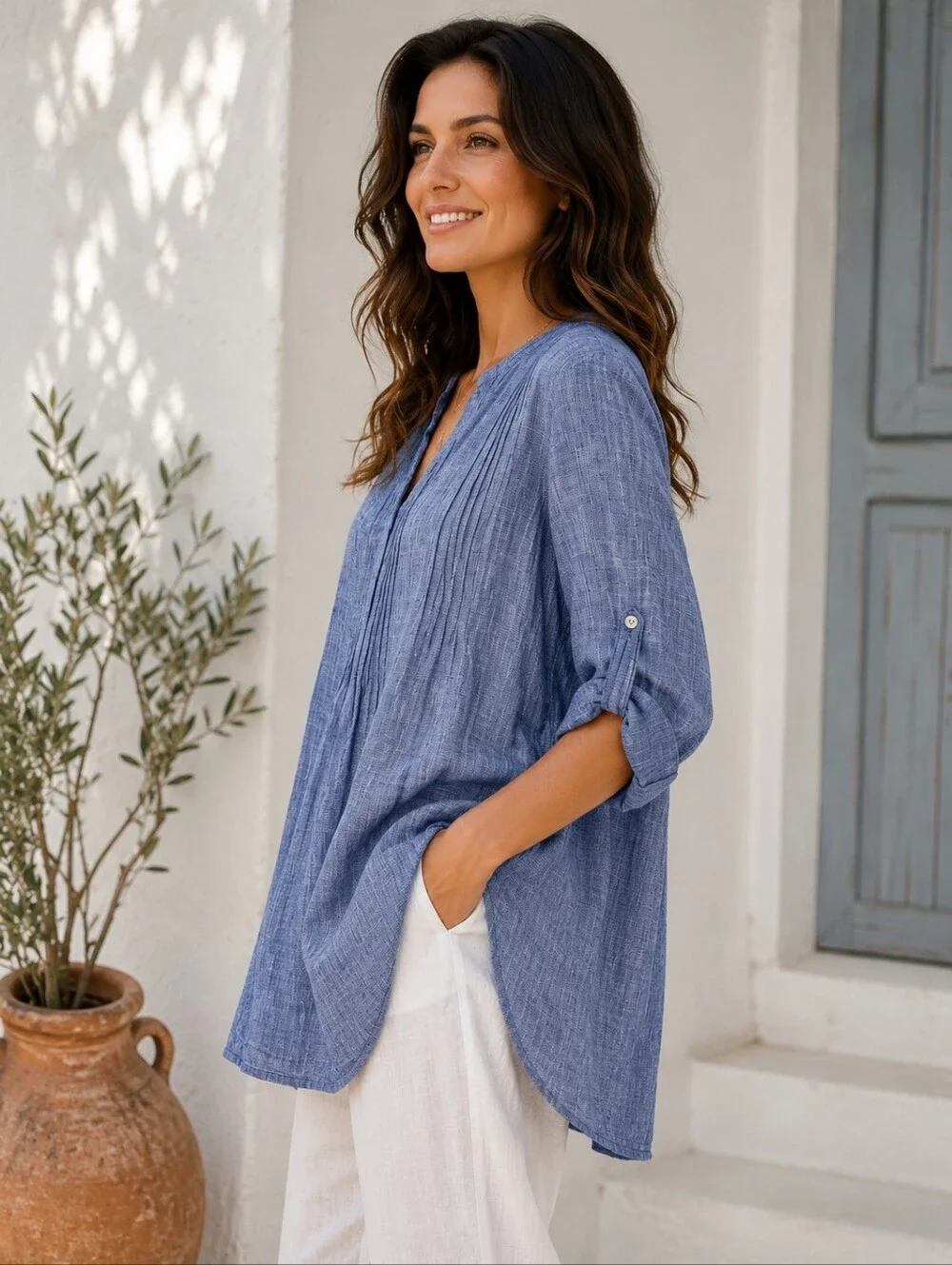 CP Shades Regina Chambray Blue Cotton Tunic Top Large Boho Lagenlook - Picture 6 of 12